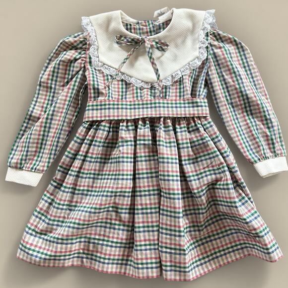 Vtg Dress Toddler Girl 4T Green Long Sleeve Lace Bib Collar Plaid Christmas Bow - Picture 1 of 6
